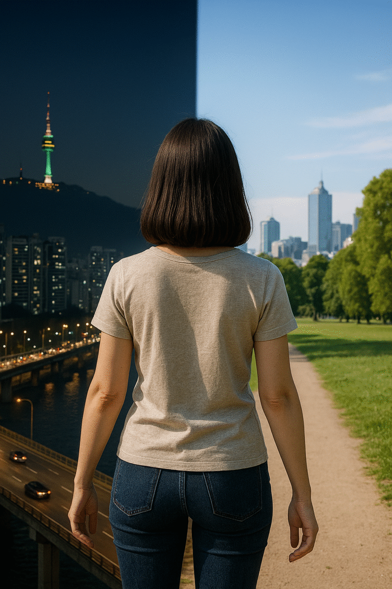 A woman standing between a glowing Seoul skyline and a sunlit Melbourne park, symbolising life between two worlds.