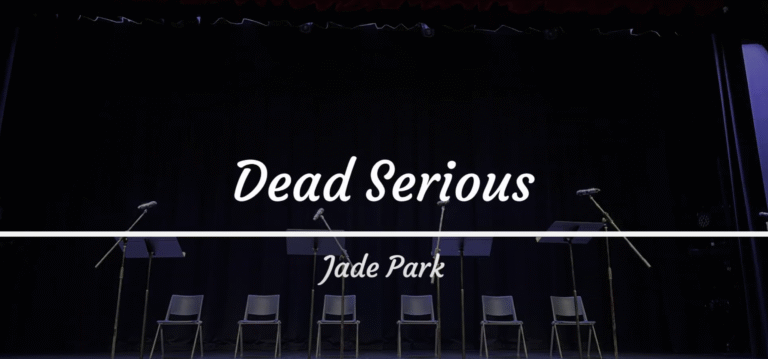 An empty stage with chairs and microphones set for a script reading of Dead Serious by Jade Park, part of the Green Room Project.