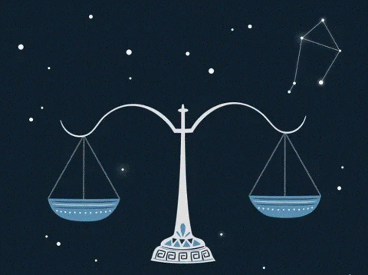 An animated balance scale sways beneath a starry night sky, with the Libra constellation glowing above it.