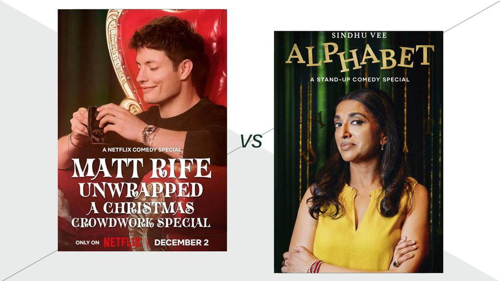 Posters for Matt Rife’s “Unwrapped: A Christmas Crowd Work Special” and Sindhu Vee’s “Alphabet” stand-up comedy special displayed side by side with “VS” between them.